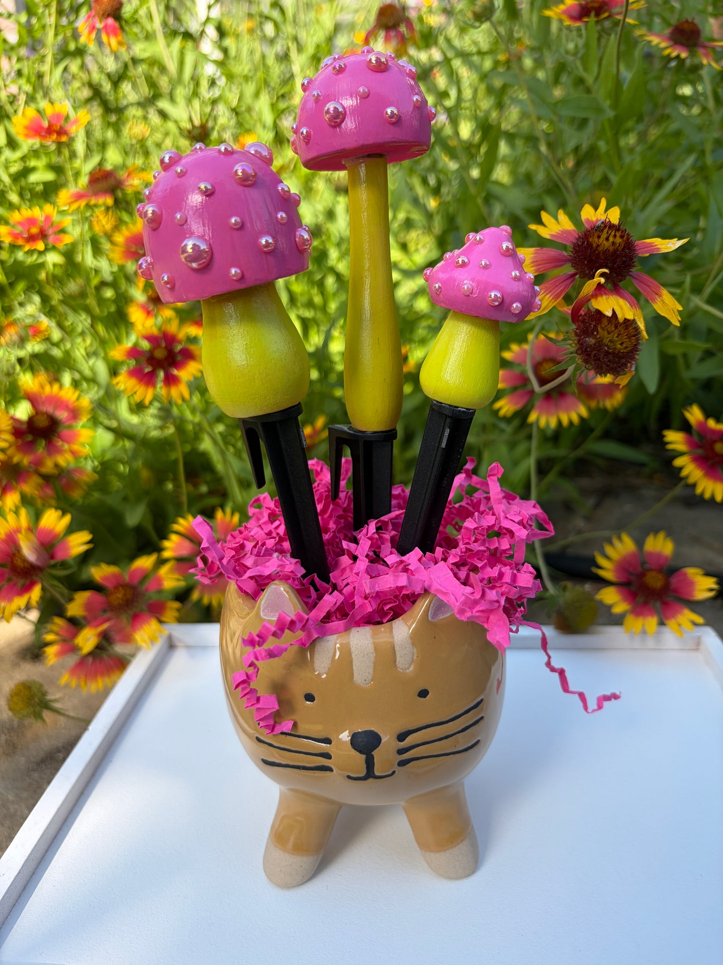 Pink and Green Mushroom Stake Set