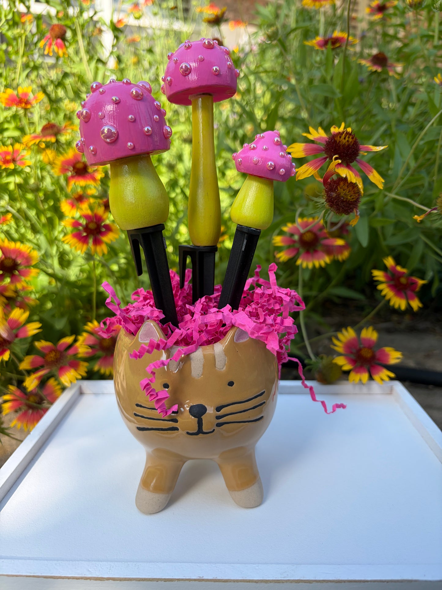 Pink and Green Mushroom Stake Set
