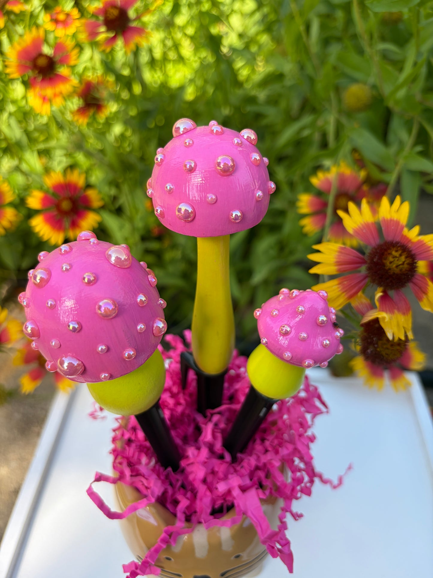 Pink and Green Mushroom Stake Set