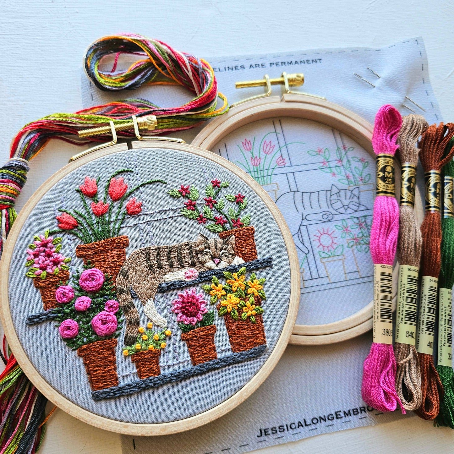 Catnap with Flowers Hand Embroidery Kit